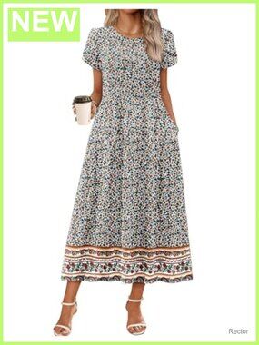 95% Polyester 5% Spandex Women's Maxi Dress Bohemian Short Sleeve A-Line